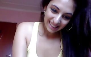 Brunette teen moaning sexually playing with shaved muffin